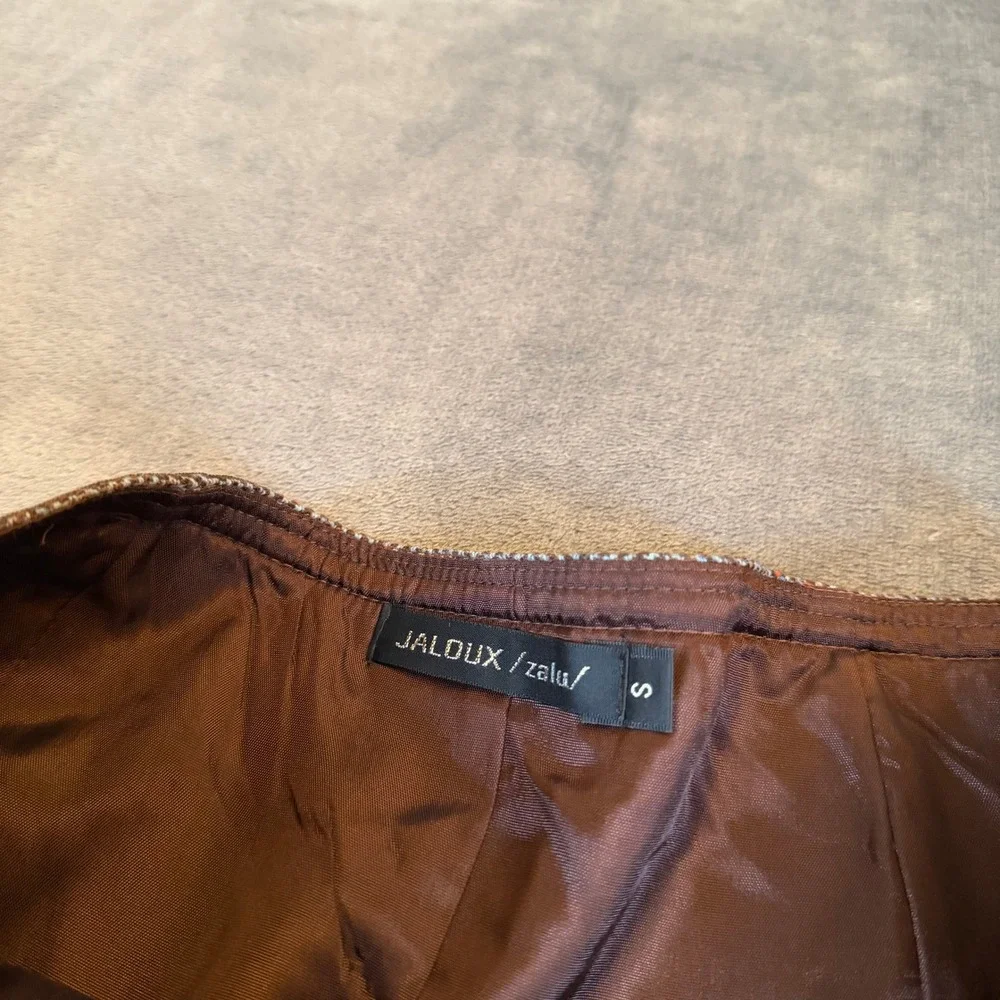 Jaloux‎ Herringbone Wool Blend Skirt Womens Small Brown Blue Ribbon Trim Lined